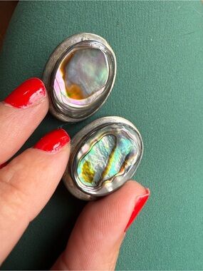 Vintage ATI Mexico 925 Sterling Silver Abalone Clip on Earrings Artisan South